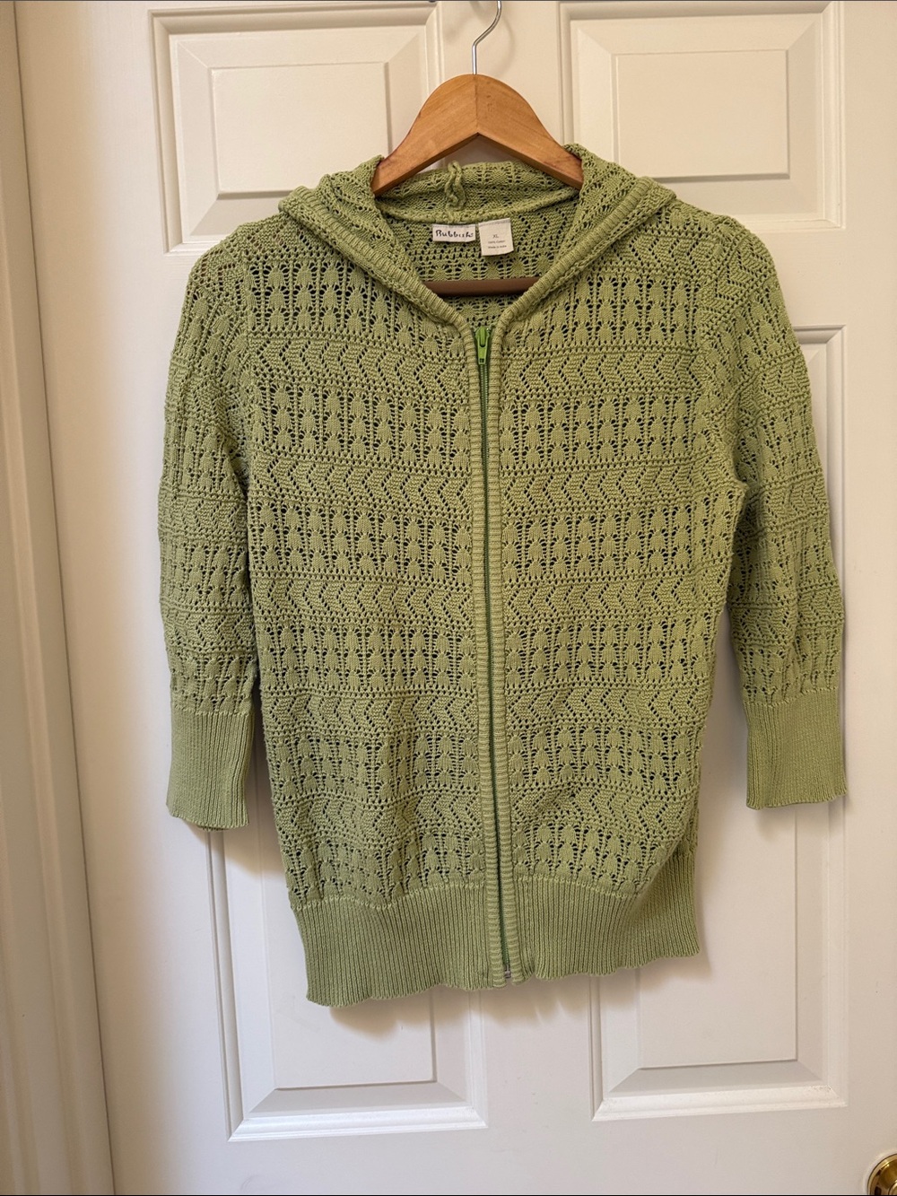 Women’s Light Green Crochet Hooded Knit Zip-Front Sweater -XL
